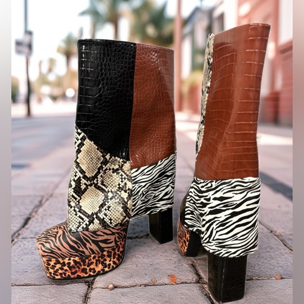 Cape Robbin Black and Brown Heeled Boots with Animal Print